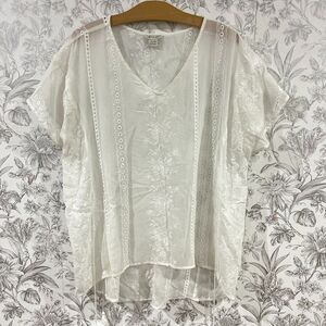ARIAT White Embroidered Sheer Blouse Top Tassels Relaxed Fit Sz XL Short Sleeve